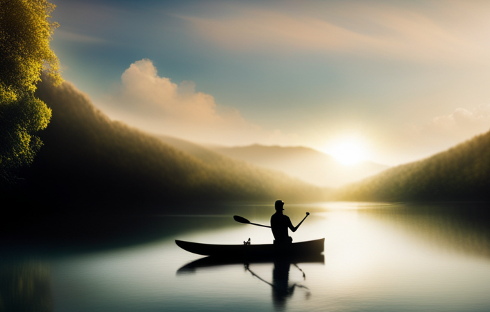 An image showcasing a serene river scene, with a person smoothly paddling a canoe