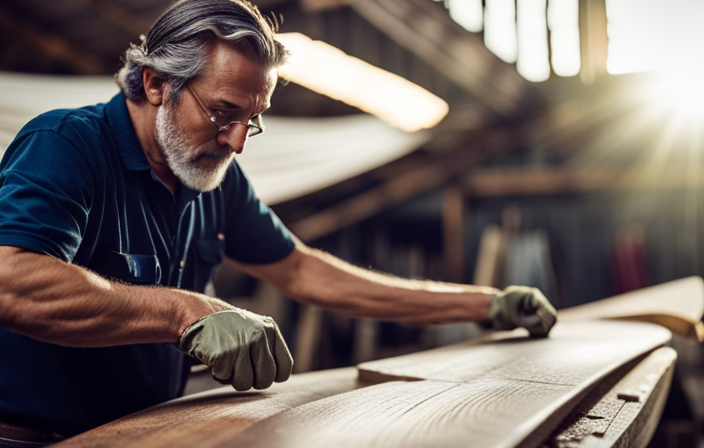 An image showcasing a skilled craftsman expertly sanding a wooden canoe, meticulously smoothing out the surface imperfections, revealing the natural grain, and preparing it for a flawless repair job