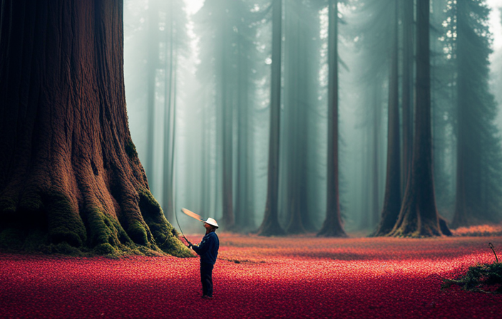 An image showcasing a person standing beside a towering redwood tree, holding a canoe that seems miniature in comparison