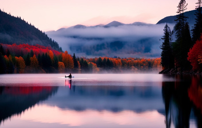 An image capturing the exhilaration of a sleek canoe gliding through a glassy lake at dawn, the paddler's powerful strokes sending ripples behind, surrounded by misty mountains and vibrant autumn foliage