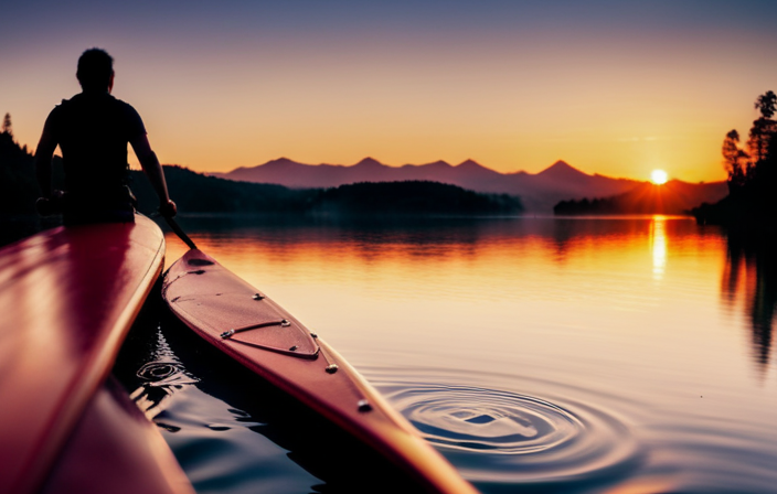 An image that captures the exhilarating rush of canoeing: a vibrant sunset backdrop casting warm hues upon a sleek canoe gliding effortlessly through crystal-clear water, the paddles slicing through the ripples with effortless precision