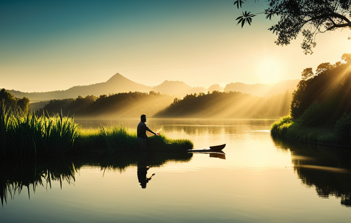 An image capturing the tranquil beauty of a river, with a person in a canoe paddling steadily, surrounded by lush greenery and the sunlight shimmering on the water's surface, symbolizing the journey of canoeing 1 mile
