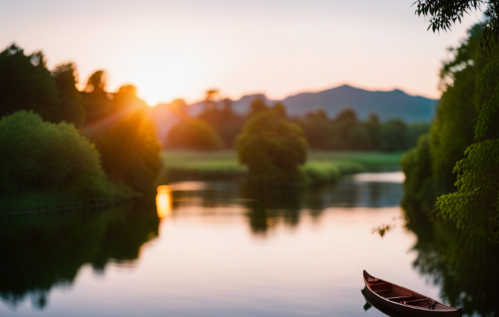 An image featuring a serene river snaking through lush greenery, a canoe gliding smoothly on its glassy surface