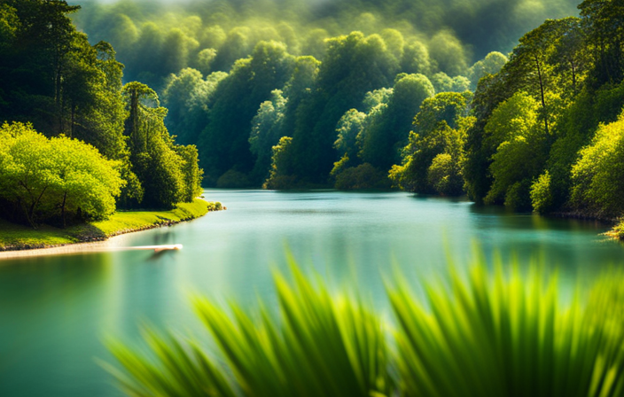 An image showcasing the serene Whiskey Chitto river, with two individuals leisurely paddling a canoe through the crystal-clear water surrounded by lush greenery and sunlight filtering through the trees