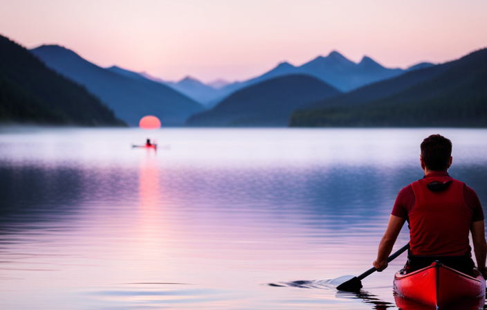 Create an image showcasing a serene lake at sunrise, with a person in a red canoe paddling gracefully towards the horizon