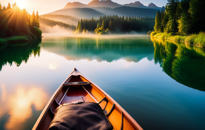 An image showcasing a serene river stretching through lush greenery, with a canoe gliding effortlessly on its glassy surface