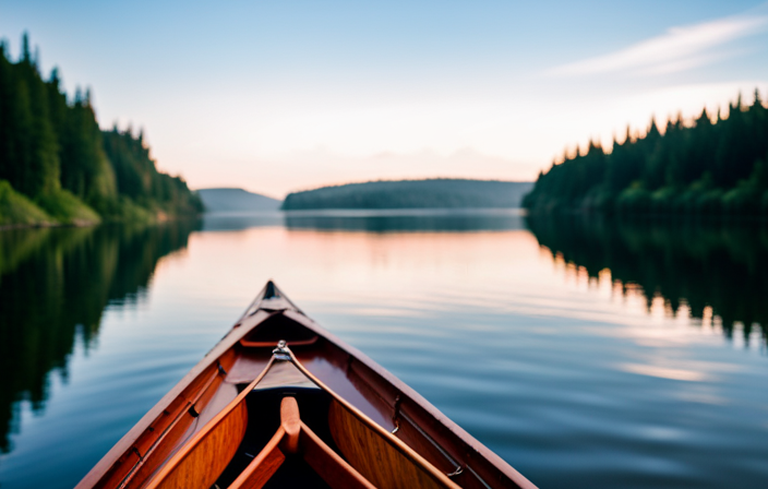 An image capturing the serene beauty of a calm river, with a lone canoe gliding effortlessly through the water, showcasing the concept of distance and time as it gracefully cruises along