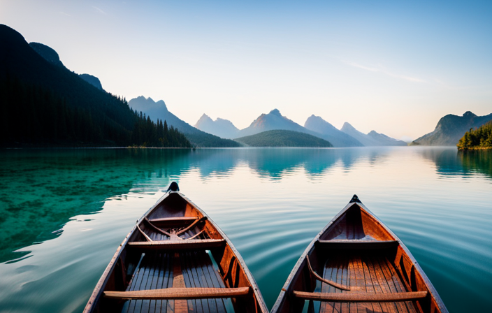 An image showcasing a sturdy canoe floating on crystal-clear water, brimming with a diverse group of six smiling individuals, effortlessly navigating through lush, verdant landscapes teeming with wildlife