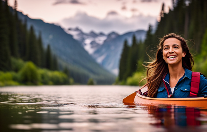 An image showcasing a vibrant, picturesque river scene with a large canoe gliding gracefully on the water, brimming with laughter and joy as a diverse group of friends revel in their camaraderie, united by the shared adventure