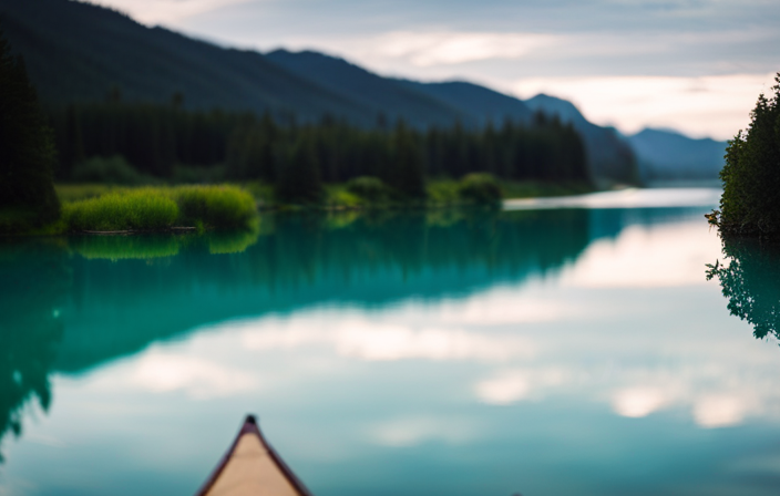 An image showcasing a serene river scene with a single canoe gliding effortlessly across the calm water, filled with a diverse group of five individuals paddling in perfect harmony
