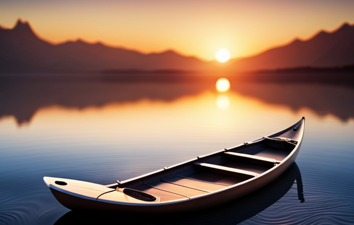 An image showcasing a 17 ft aluminum canoe effortlessly gliding on calm waters, its sleek metallic frame glistening under the golden sunset rays, while emphasizing its lightweight nature through the ease with which it is handled