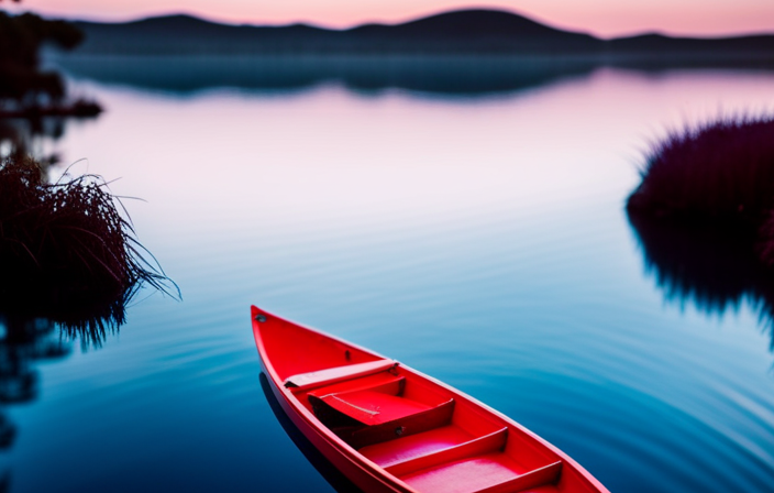 An image showcasing a serene lakeside setting, with a vibrant red canoe gently gliding on the crystal-clear water