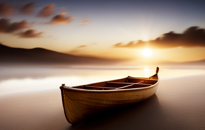 An image showcasing a sturdy, wooden canoe resting on a pristine sandy beach