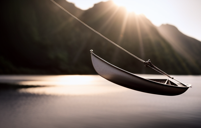 An image showcasing an aluminum canoe suspended in mid-air, revealing its sleek, lightweight construction