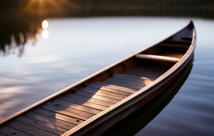 An image showcasing an aluminum canoe resting on a wooden dock, the sun setting behind it, casting a warm golden glow