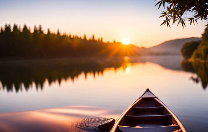 An image showcasing a serene river setting, with a sleek and sturdy canoe gliding across the calm waters