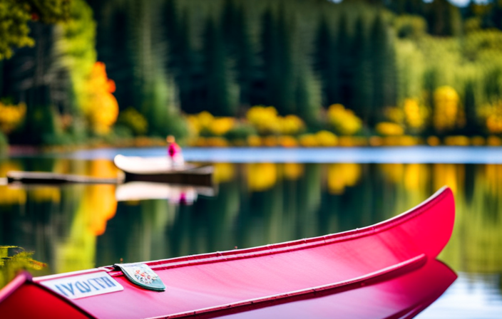 An image showing a serene lake in Maine, with a vibrant red canoe gliding through crystal-clear waters