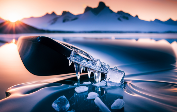 An image of a canoe, partially submerged in crystal-clear water, filled to the brim with glistening ice cubes