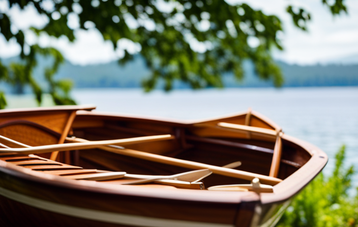 An image showcasing a well-preserved 17-foot Grumman canoe from a side view, set against a serene backdrop of a glistening lake framed by lush greenery, conveying the timeless beauty and potential value of this classic watercraft