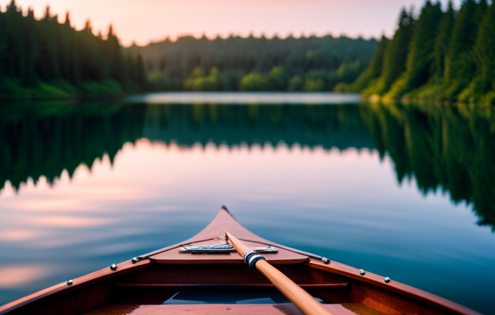 An image showcasing a serene lake surrounded by lush greenery, with a high-quality wooden canoe gently gliding through the calm waters