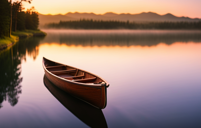 An image showcasing a pristine, handcrafted canoe resting on a serene lake shore at sunset, surrounded by lush greenery