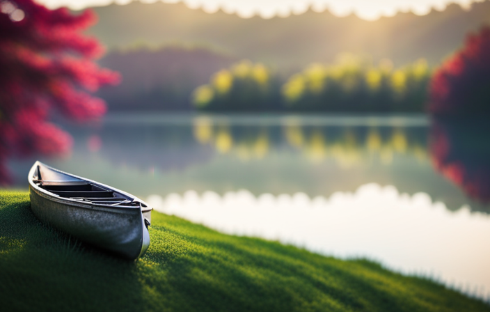 An image capturing the serene beauty of a gently worn aluminum canoe nestled by a tranquil lakeshore, its shimmering silver surface reflecting the surrounding lush greenery, inviting readers to ponder its intrinsic value