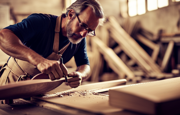 An image featuring a skilled craftsman passionately carving a sleek, wooden canoe with precision tools, surrounded by shavings and a meticulously measured blueprint, showcasing the intricate process of constructing a canoe from scratch