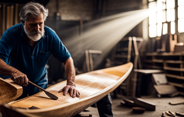 An image showcasing a skilled artisan meticulously shaping and sanding a wooden canoe hull, with shavings gracefully falling onto the workshop floor, capturing the essence of the step-by-step process of building your own canoe