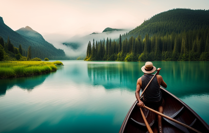 An image showcasing a serene river surrounded by lush green forests, with a person expertly maneuvering a sleek, lightweight canoe