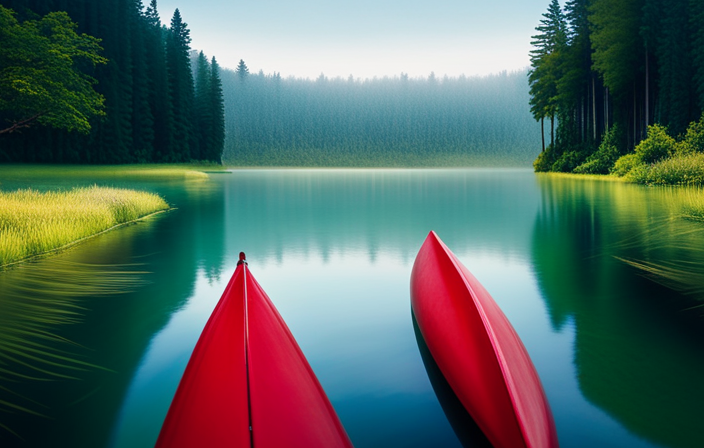 An image showcasing two individuals in a vibrant red canoe, gracefully maneuvering through a serene river surrounded by lush greenery
