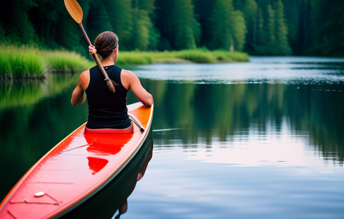 An image capturing the gentle ripples of a calm river, showcasing a skilled canoeist in perfect form - arms gracefully slicing through the water, body poised in balance, showcasing the art of canoe paddle mastery