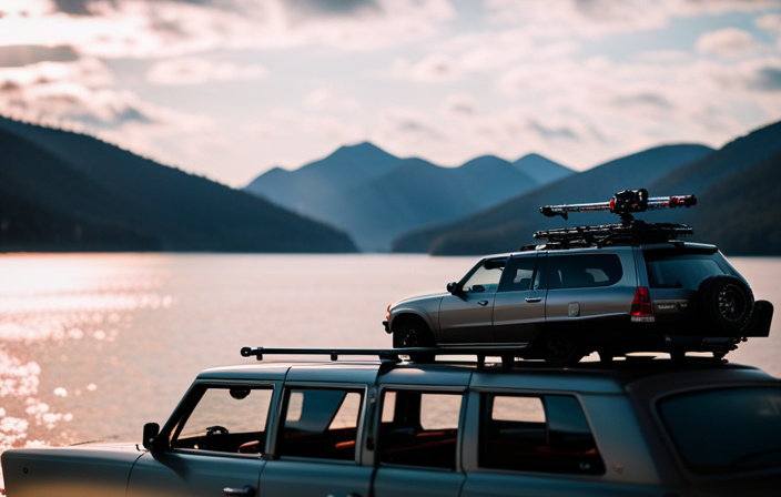 An image showcasing a sturdy SUV equipped with crossbars and a roof rack system, securely fastening a sleek canoe in place