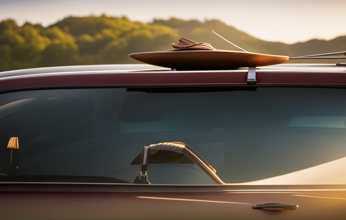 An image showcasing a sturdy roof rack system, securely mounted on a car, with a sleek, streamlined canoe strapped on top