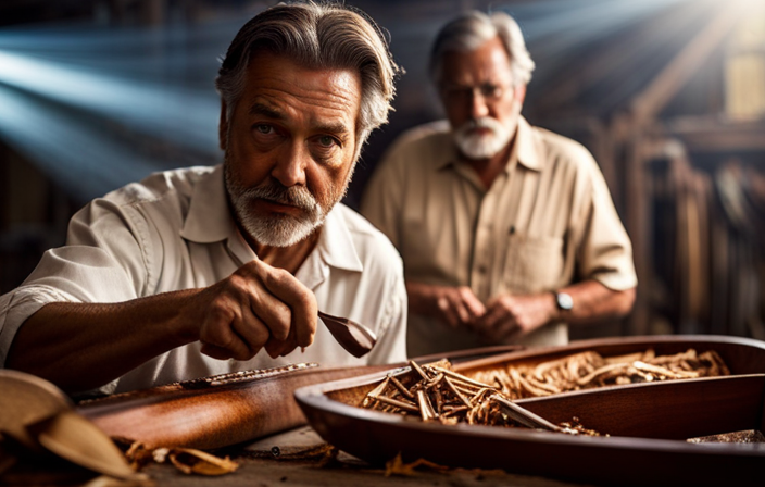 An image capturing the intricate process of carving a wooden canoe