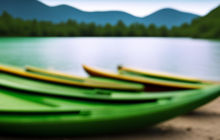 An image showcasing a serene lake surrounded by lush green trees and mountains, with a diverse selection of canoes neatly lined up on the shore, each displaying unique features, colors, and materials to help readers visualize the process of choosing the perfect canoe