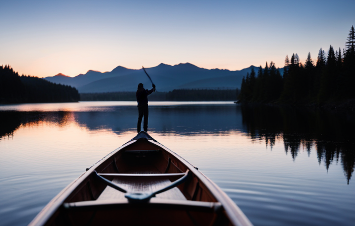 An image showcasing a person holding a canoe paddle, standing next to a canoe on calm waters