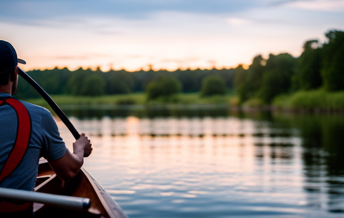 An image capturing a serene river setting with a solo canoeist gracefully executing a J stroke