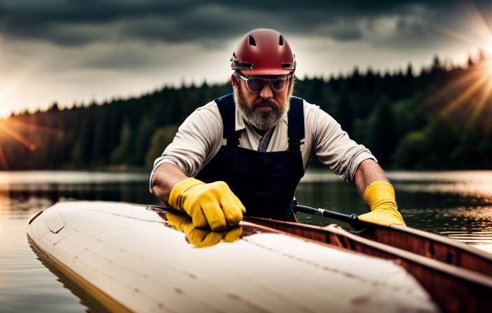 An image showcasing a skilled individual wearing safety goggles and gloves, meticulously sanding the damaged area of a fiberglass canoe, followed by applying a smooth layer of epoxy resin for a seamless repair