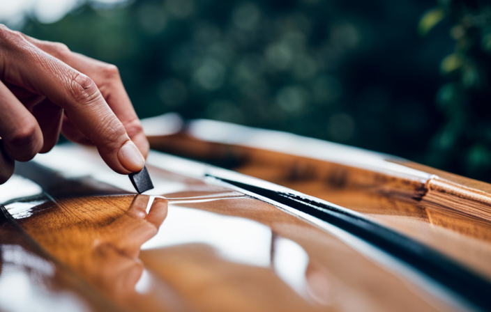 An image capturing a skilled hand delicately applying epoxy resin along a hairline crack on the upper rail of a weathered canoe