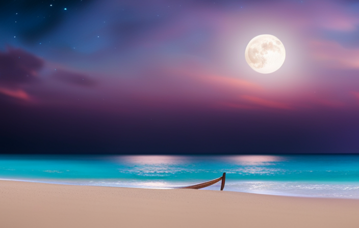 An image that captures the essence of Moana's dreamlight: a vibrant, starry night sky over an ancient Polynesian beach, with a majestic canoe floating peacefully on crystal-clear turquoise waters, reflecting the moon's gentle glow