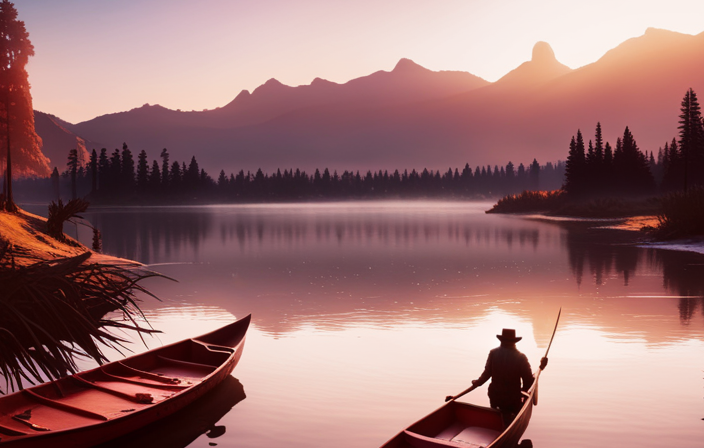 An image showcasing the serene beauty of a lush riverbank in Red Dead Redemption 2, featuring a character paddling a canoe, surrounded by towering trees, shimmering water, and a distant sunset