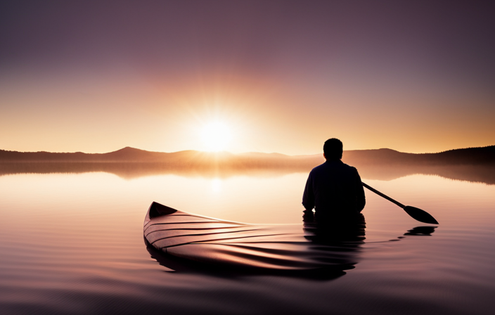 An image capturing a serene lake scene with a person effortlessly lifting a canoe onto their shoulder