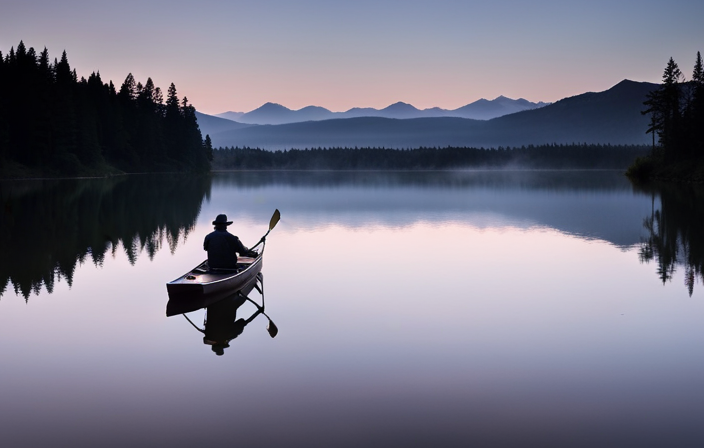 An image showcasing a serene lake setting with a solitary figure effortlessly sliding a canoe off a car roof rack, carefully guiding it onto the water using a sturdy paddle, demonstrating the art of loading a canoe alone