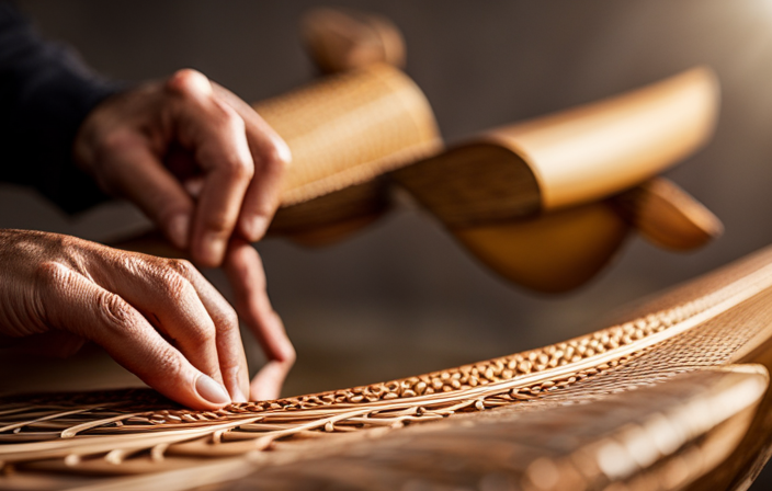 An image showcasing the intricate process of crafting a birchbark canoe: skilled hands skillfully shaping the lightweight frame, deftly lacing together supple strips of bark, and meticulously finishing the vessel with hand-carved details