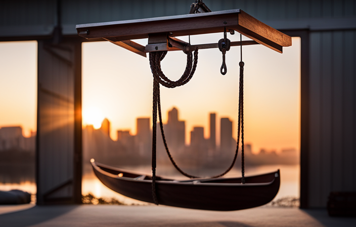 An image showcasing a sturdy pulley system with ropes suspended from a garage ceiling, effortlessly raising a sleek wooden canoe