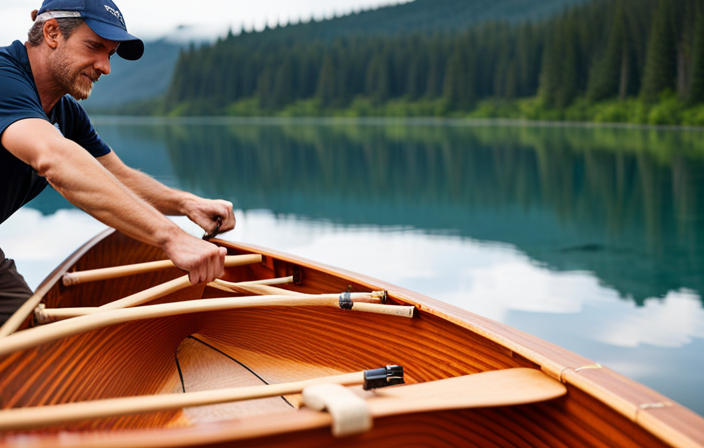 An image that showcases the step-by-step process of crafting a sturdy and comfortable center seat for a canoe