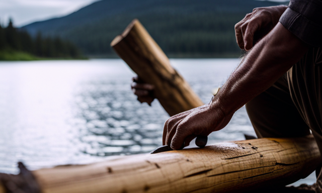 A captivating image showcasing a skilled artisan skillfully hollowing out a sturdy log, shaping it with precise cuts, and smoothing it with a finely crafted tool, unveiling the art of crafting a traditional dugout canoe