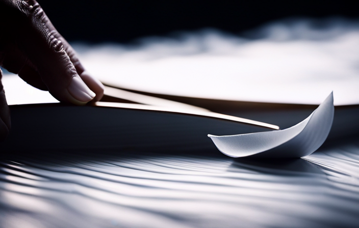 An image capturing the step-by-step process of crafting a paper canoe: hands delicately folding crisp paper, precise creases forming, gentle waves gliding across the miniature vessel