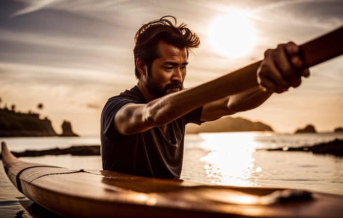 An image capturing a skilled craftsman meticulously carving a sleek, curved wooden outrigger, delicately attaching it to a canoe using sturdy ropes, showcasing the step-by-step process of constructing a reliable outrigger