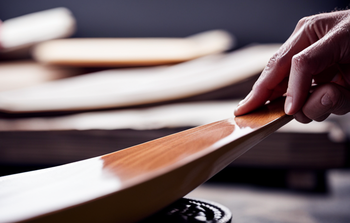 An image showcasing the step-by-step process of crafting a canoe paddle: hands carving a wooden blank into a sleek shape, meticulously sanding the surface, and finally, applying a glossy finish for a polished, professional look